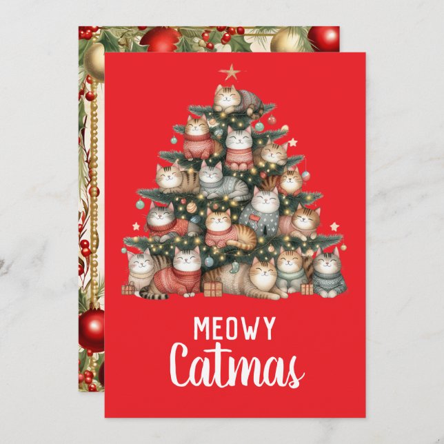 Cartes Pour Fêtes Annuelles Chat Meowy Catmas Arbre de Noël (Devant / Derrière)