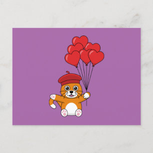 Cartes Pour Fêtes Annuelles Chat mignon avec Ballons de Coeur Rouge