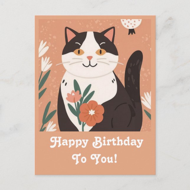 Cartes Pour Fêtes Annuelles Chat mignon avec Fleurs Joyeux Anniversaire Person (Devant)