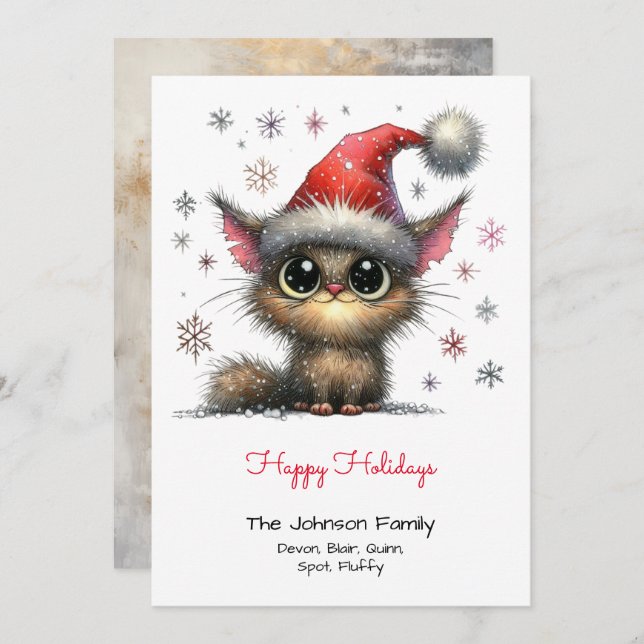 Cartes Pour Fêtes Annuelles Chat mignon dans un chapeau de Santa Happy (Devant / Derrière)