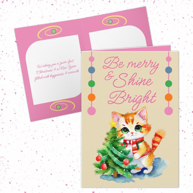 Cartes Pour Fêtes Annuelles Chat mignon et arbre de Noël être rose crème pâle (Créateur téléchargé)
