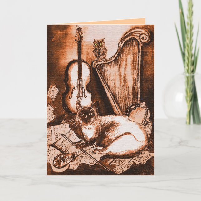 Cartes Pour Fêtes Annuelles CHAT MUSICAL ET OWL, Brown et blanc (Devant)