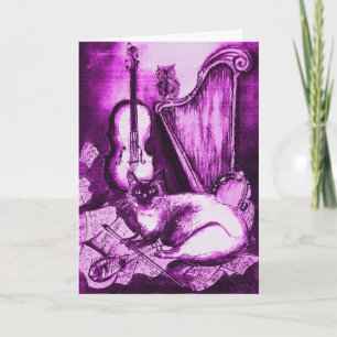 Cartes Pour Fêtes Annuelles CHAT MUSICAL ET OWL, Violet violet et blanc