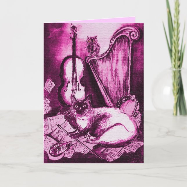 Cartes Pour Fêtes Annuelles CHAT MUSICAL, Rose Fuchsia Blanc (Devant)