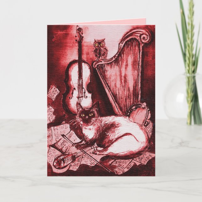 Cartes Pour Fêtes Annuelles CHAT MUSICAL, Rose rouge et blanc (Devant)
