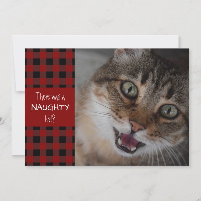 Cartes Pour Fêtes Annuelles Chat Naughty ou Nice Red Plaid MEOWY NOËL (Devant)