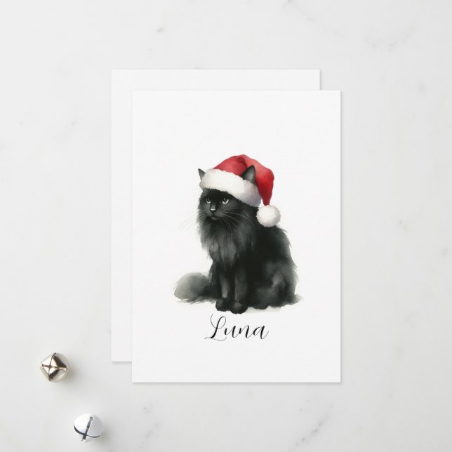 Cartes Pour Fêtes Annuelles Chat noir aquarelle en Festive Santa Hat Card (Devant/Arrière en situation)