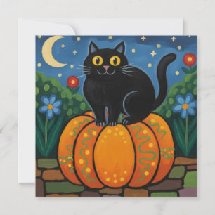 Cartes Pour Fêtes Annuelles Chat noir assis sur une citrouille d'automne