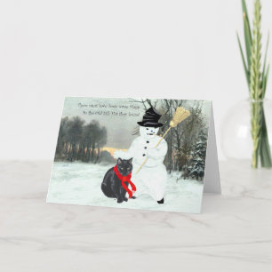 Cartes Pour Fêtes Annuelles Chat noir avec bonhomme de neige à Noël