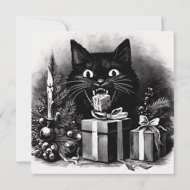 Cartes Pour Fêtes Annuelles Chat noir avec cadeaux de Noël (Devant)
