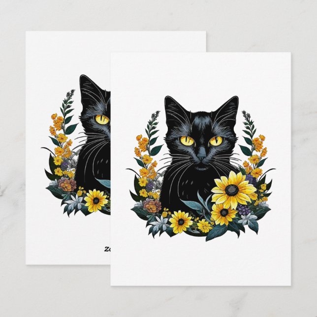 Cartes Pour Fêtes Annuelles chat noir avec des fleurs (Devant / Derrière)