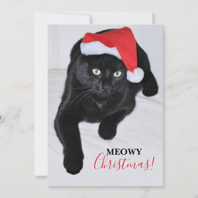 Cartes Pour Fêtes Annuelles Chat noir avec le chapeau rouge du Père Noël (Devant)