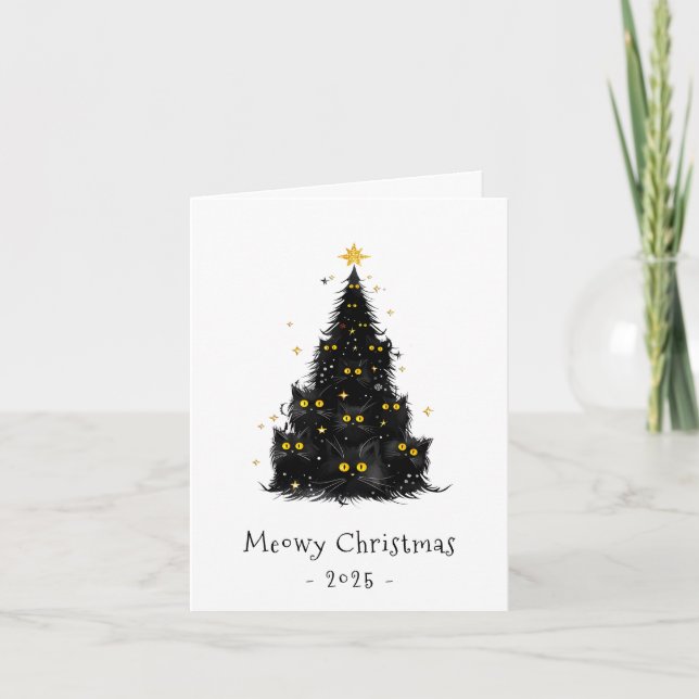 Cartes Pour Fêtes Annuelles Chat noir blanc Meowy Arbre de Noël (Devant)