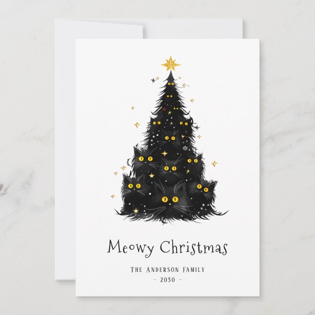 Cartes Pour Fêtes Annuelles Chat noir blanc Meowy Arbre de Noël (Devant)