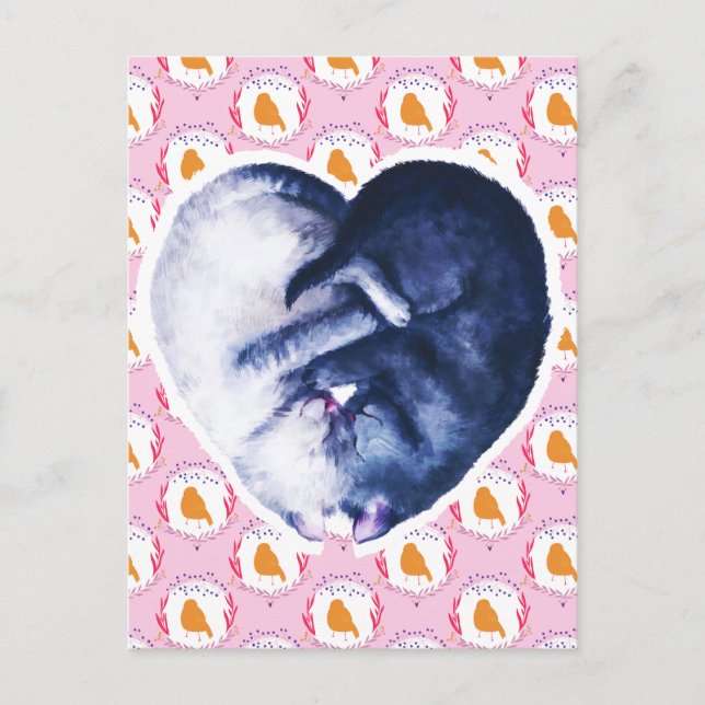Cartes Pour Fêtes Annuelles Chat noir blanc oiseau amour aquarelle (Devant)