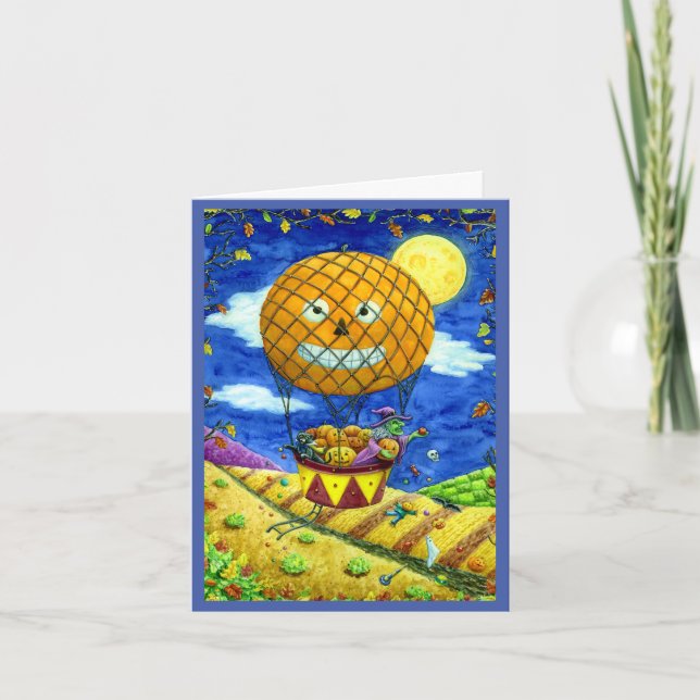 CARTES POUR FÊTES ANNUELLES CHAT NOIR DANS L'AIR CHAUD BALLON FOLK ART VERSE (Devant)