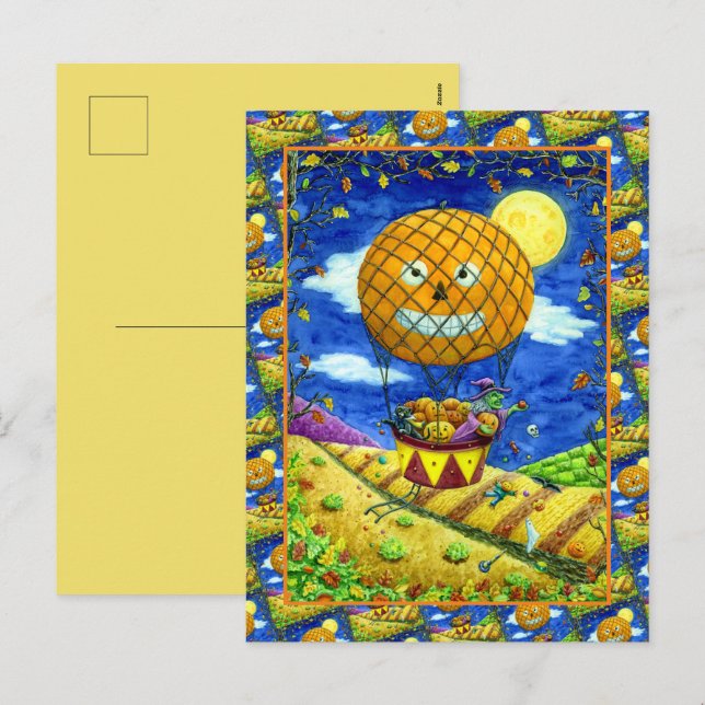 CARTES POUR FÊTES ANNUELLES CHAT NOIR DANS L'AIR CHAUD BALLON HUMOUR ART FOLK (Devant / Derrière)