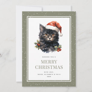 Cartes Pour Fêtes Annuelles Chat noir dans un Casquette Holly Snow Joyeux Noël