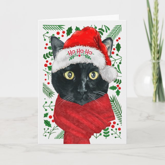 Cartes Pour Fêtes Annuelles Chat noir dans un chapeau de Noël Meowy (Devant)