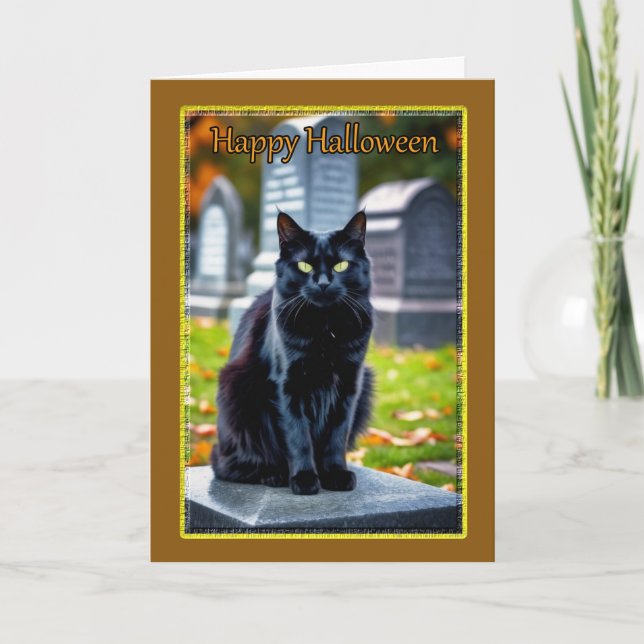 Cartes Pour Fêtes Annuelles Chat noir dans un cimetière à Halloween (Devant)