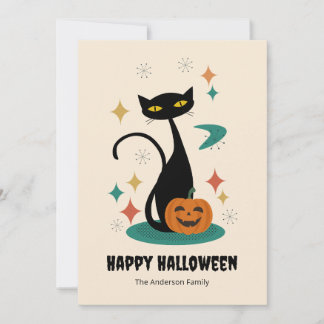 Cartes Pour Fêtes Annuelles Chat noir d'Halloween du milieu du siècle