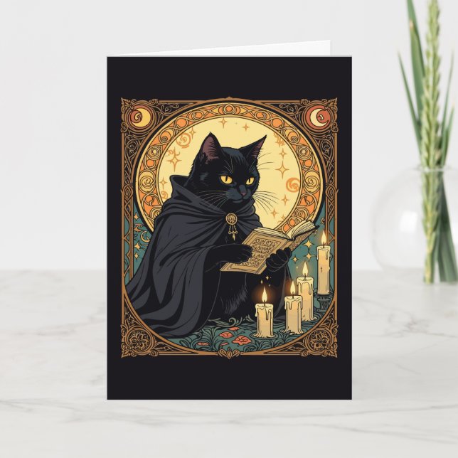 Cartes Pour Fêtes Annuelles Chat noir d'Halloween lisant un livre (Devant)