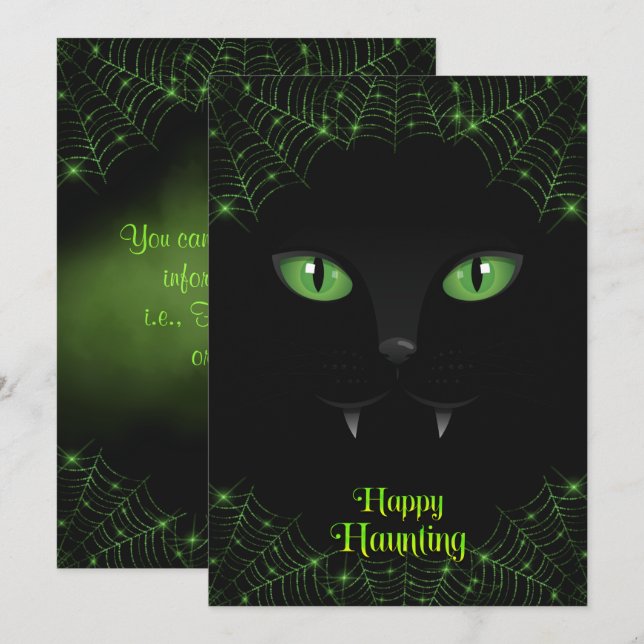 Cartes Pour Fêtes Annuelles Chat noir d'Halloween Toiles Vertes (Devant / Derrière)