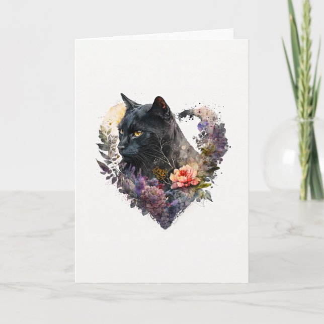 Cartes Pour Fêtes Annuelles Chat noir doux en fleurs violettes Saint-Valentin (Devant)