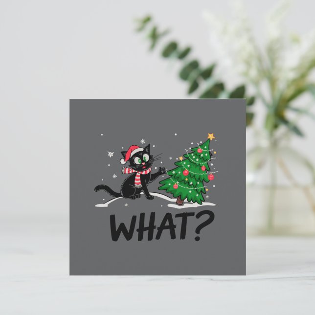 Cartes Pour Fêtes Annuelles Chat noir drôle poussant un arbre de Noël Chat quo (Debout devant)