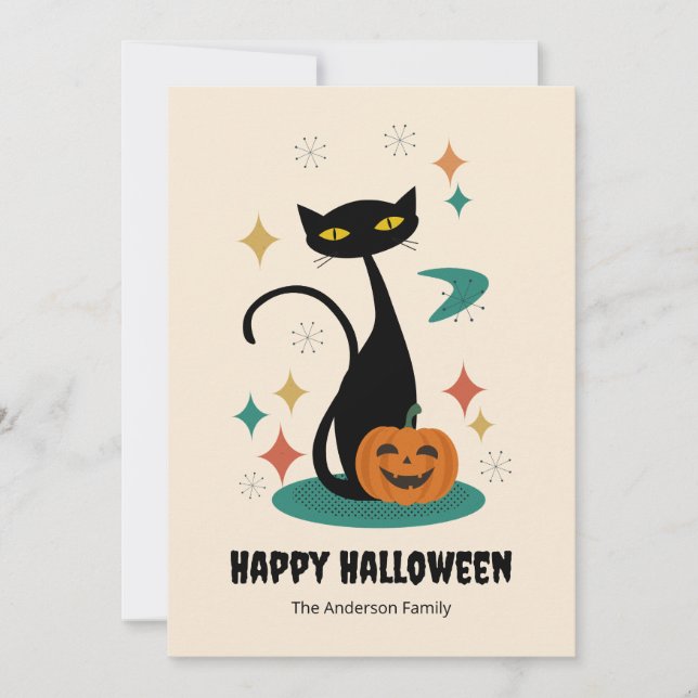 Cartes Pour Fêtes Annuelles Chat noir du milieu du siècle d'Halloween (Devant)