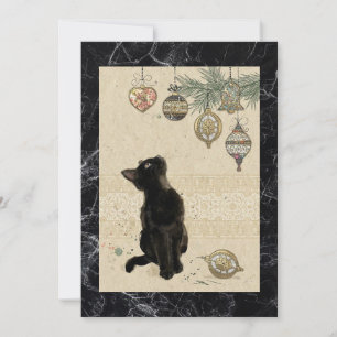 Cartes Pour Fêtes Annuelles Chat noir en marbre vintage regardant des ornement
