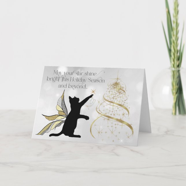 Cartes Pour Fêtes Annuelles Chat noir et arbre doré décoratif (Devant)