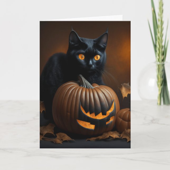 Cartes Pour Fêtes Annuelles Chat noir et citrouille de Jack-O-Lantern (Devant)