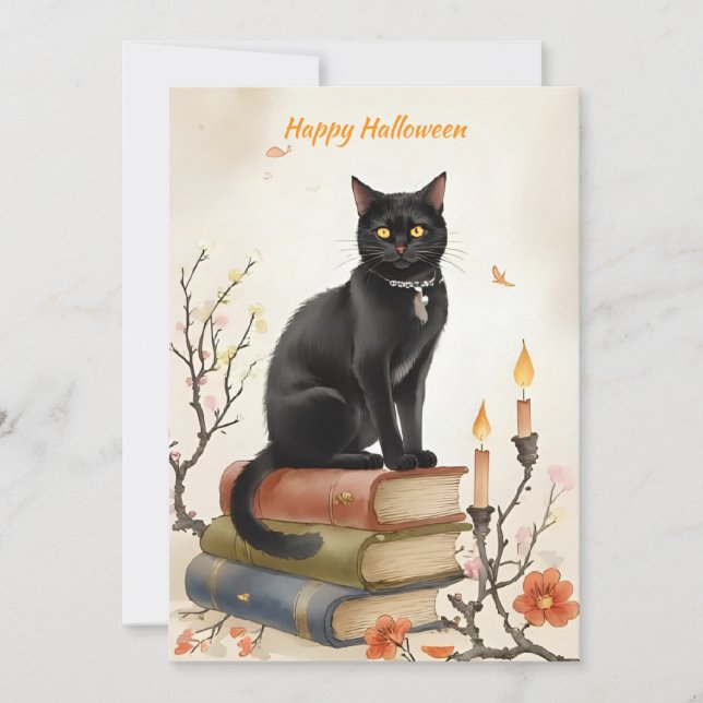 Cartes Pour Fêtes Annuelles Chat noir et livres d'orthographe Aquarelle Hallow (Devant)