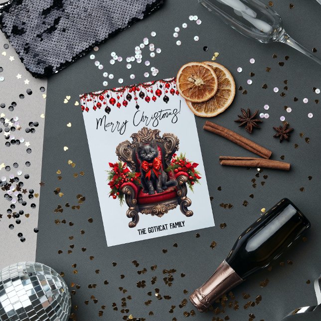 Cartes Pour Fêtes Annuelles Chat Noir Gothique Joyeux Noël Noir Et Rouge (Gothic Black Cat Merry Christmas Holiday Card - Unique Design, Customizable, Perfect Holiday Gift)