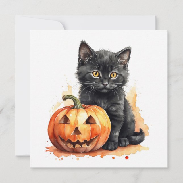 Cartes Pour Fêtes Annuelles Chat noir Halloween aquarelle avec citrouille  (Devant)