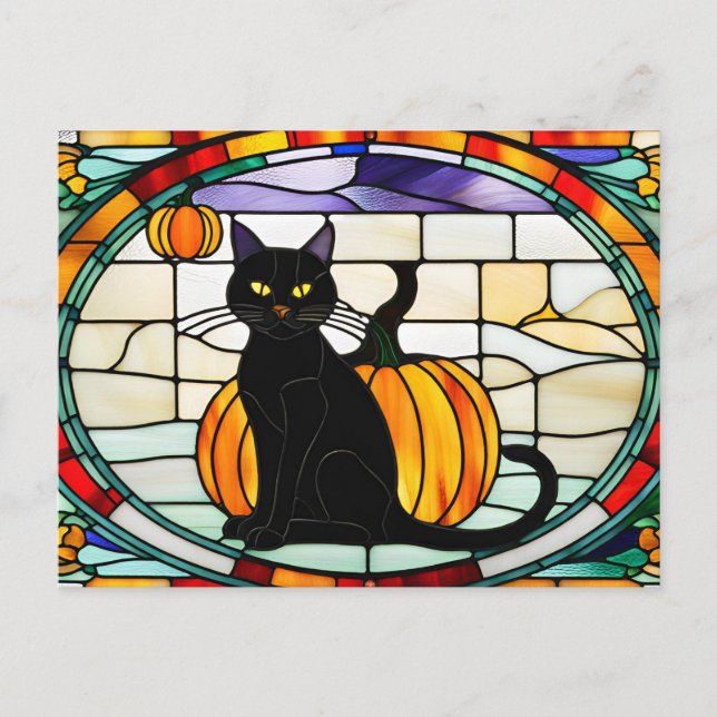 Cartes Pour Fêtes Annuelles Chat noir Halloween en verre tendu (Devant)