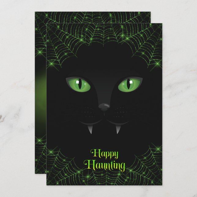 Cartes Pour Fêtes Annuelles Chat noir Halloween Toiles Vertes (Devant / Derrière)