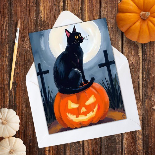 Cartes Pour Fêtes Annuelles Chat noir Jack-O-Lantern Halloween Peint (Créateur téléchargé)
