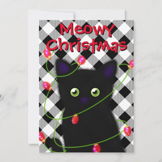 Cartes Pour Fêtes Annuelles Chat noir Meowy Noël scintillants en vichy (Devant)