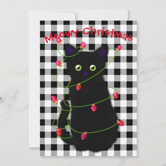Cartes Pour Fêtes Annuelles Chat noir Meowy Noël scintillants en vichy (Devant)