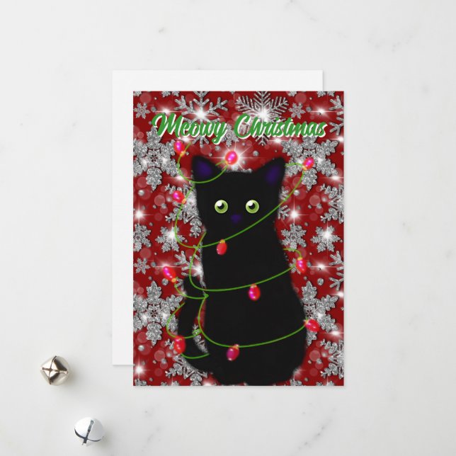 Cartes Pour Fêtes Annuelles Chat noir mignon Meowy Christmas (Devant/Arrière en situation)