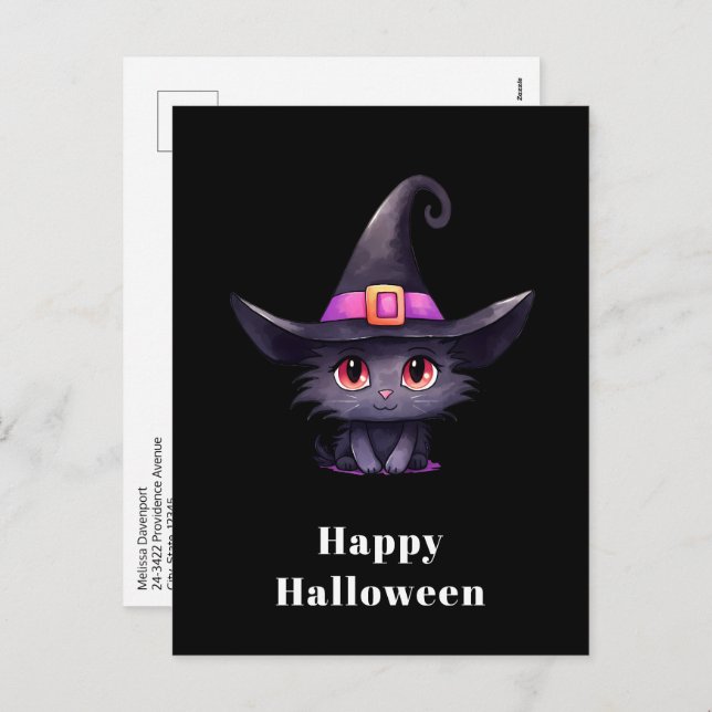 Cartes Pour Fêtes Annuelles Chat noir mignon portant l'Halloween Casquette d'u (Devant / Derrière)