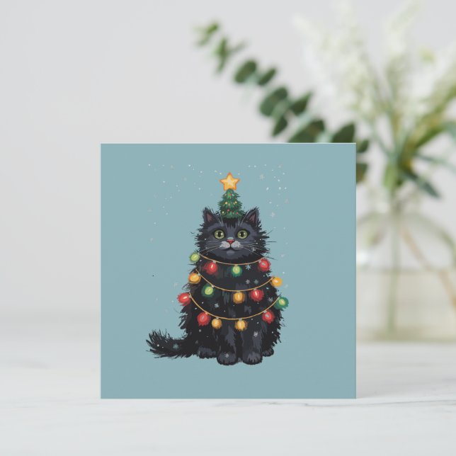 Cartes Pour Fêtes Annuelles Chat noir Peinture à l'huile d'arbre de Noël (Debout devant)