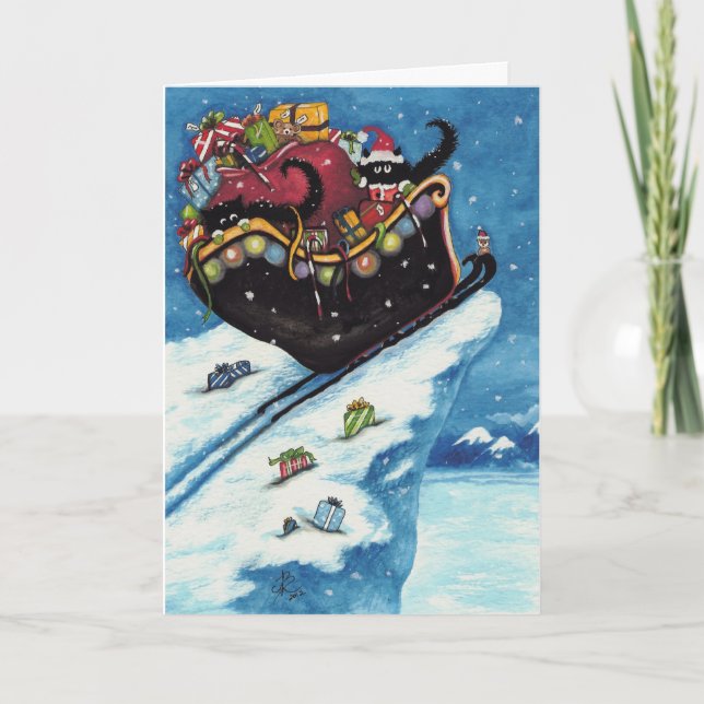 Cartes Pour Fêtes Annuelles Chat noir Père Noël Sleigh par Bihrle (Devant)