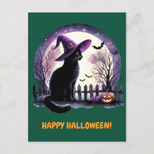Cartes Pour Fêtes Annuelles Chat noir sorcière et chauves-souris heureux Hallo