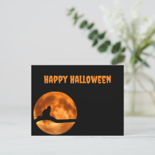 Cartes Pour Fêtes Annuelles Chat noir sous la lune orange