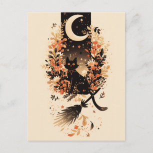 Cartes Pour Fêtes Annuelles Chat noir sur le balai de sorcière sous la lune