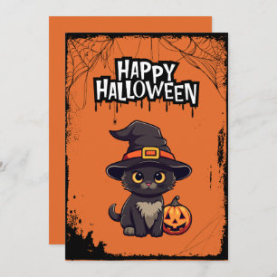 Cartes Pour Fêtes Annuelles Chat noir très effrayant avec Citrouille Jack-o'-l