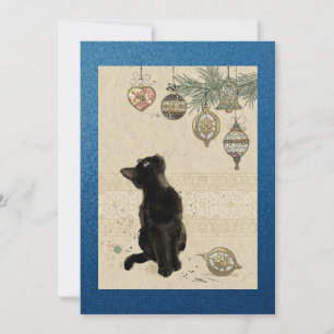 Cartes Pour Fêtes Annuelles Chat noir vintage bleu brillant regardant des orne